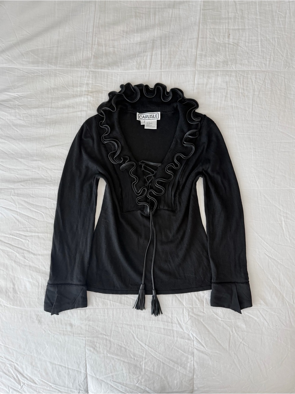Vintage 90s Carlisle Cashmere Silk Black Longsleeve Ruffle Neckline Top Size M